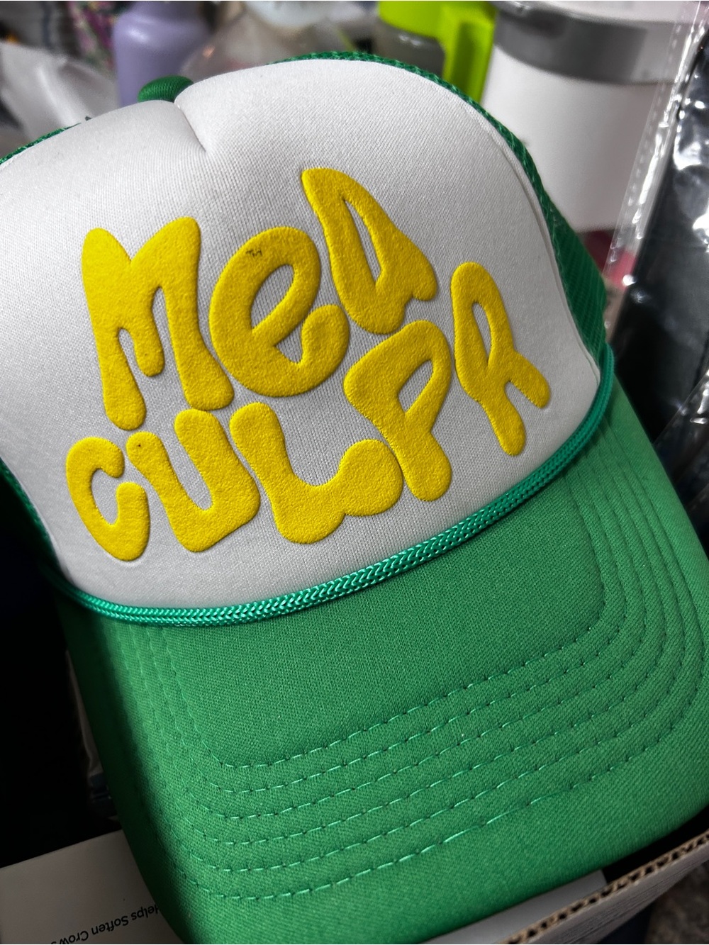 Green & White Trucker Hat with Yellow Foam Lettering